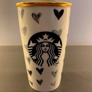 Starbucks Ceramic Black Hearts Gold rim 12 travel cup with lid ~2014